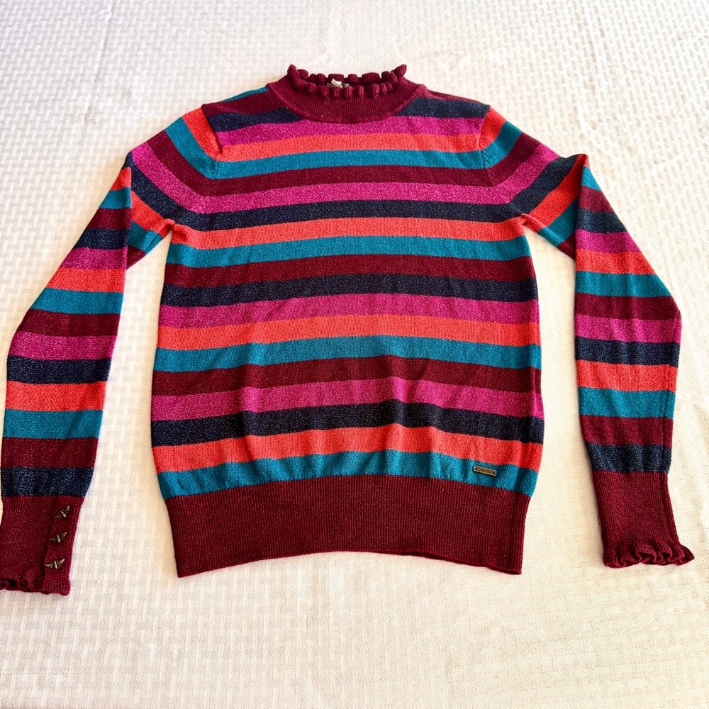 Joules Gabrielle Multistripe Metallic Knit Sweater Ruffle Neck‎ Bee Buttons US 4
